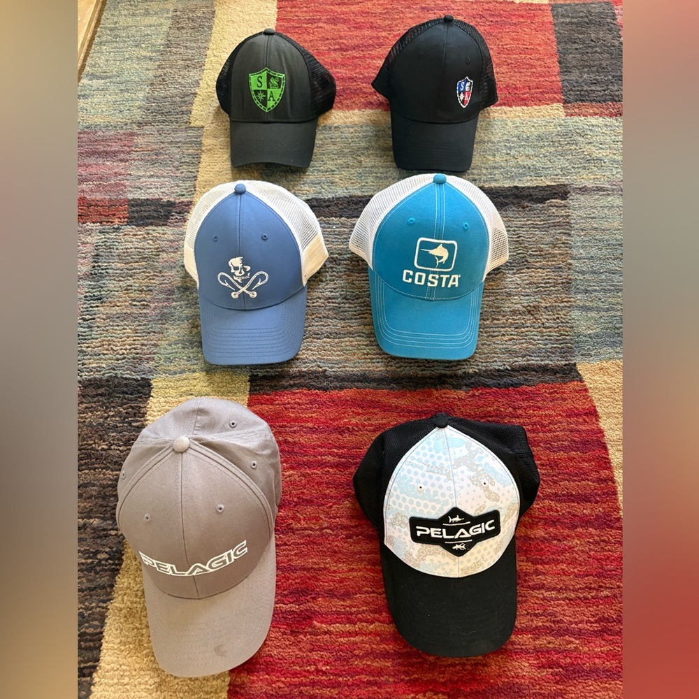 6-piece bundle. Men’s fishing caps. Costa, Pelagic, SA, Salt Life.